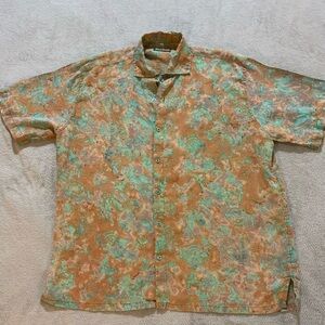 Island Importer Linen Shirt XXL Brown Turquoise Floral Short Sleeve